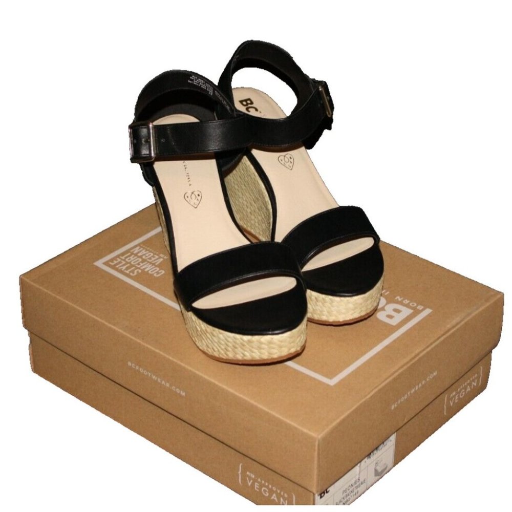 BC Born In California Peonies Wedged Sandals Black Basket Weave Vegan SZ 10 NEW